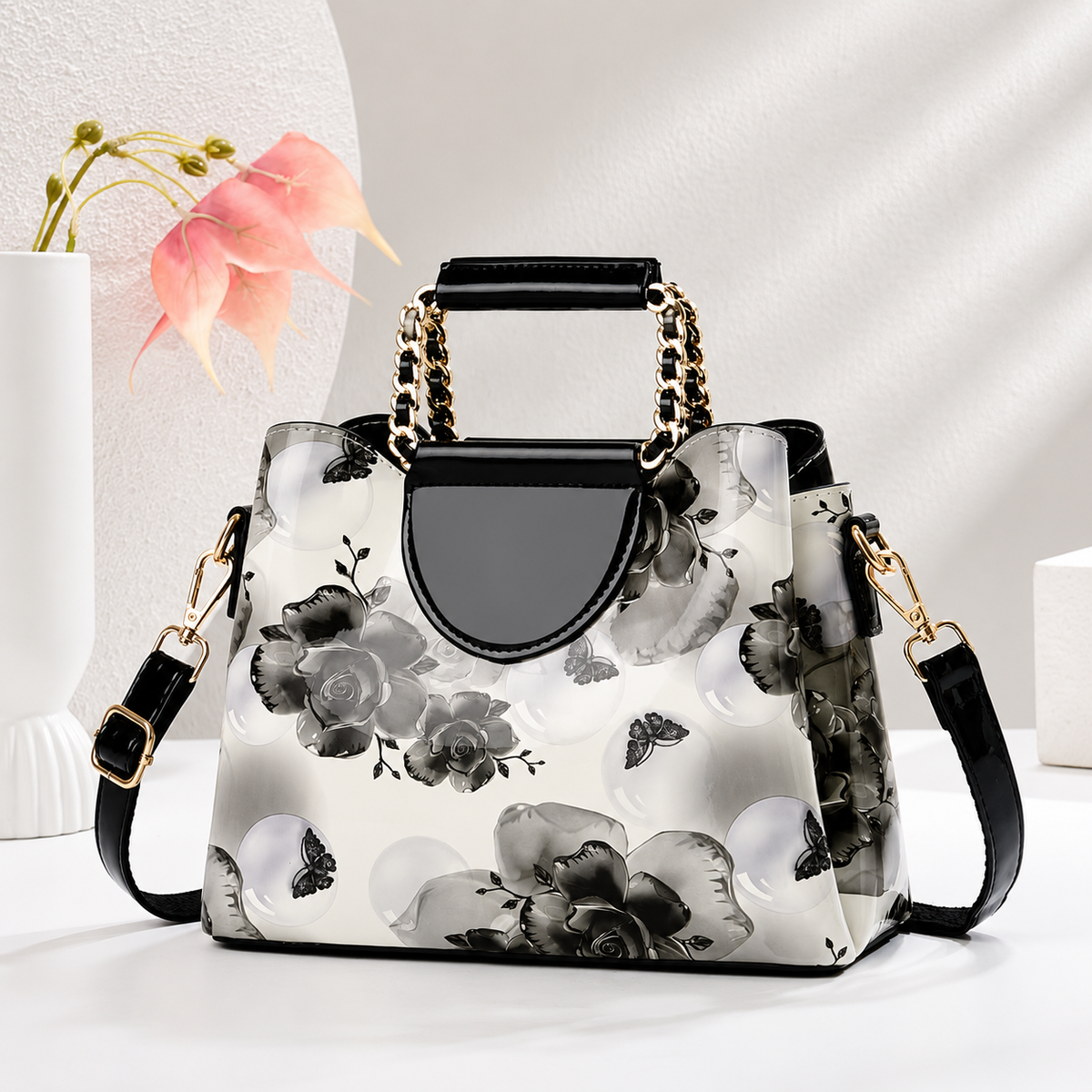 Black & White Floral Handbag